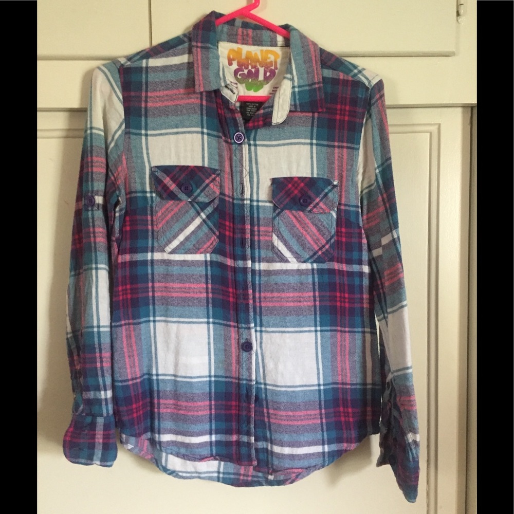 Blue, Pink, and White Flannel Top